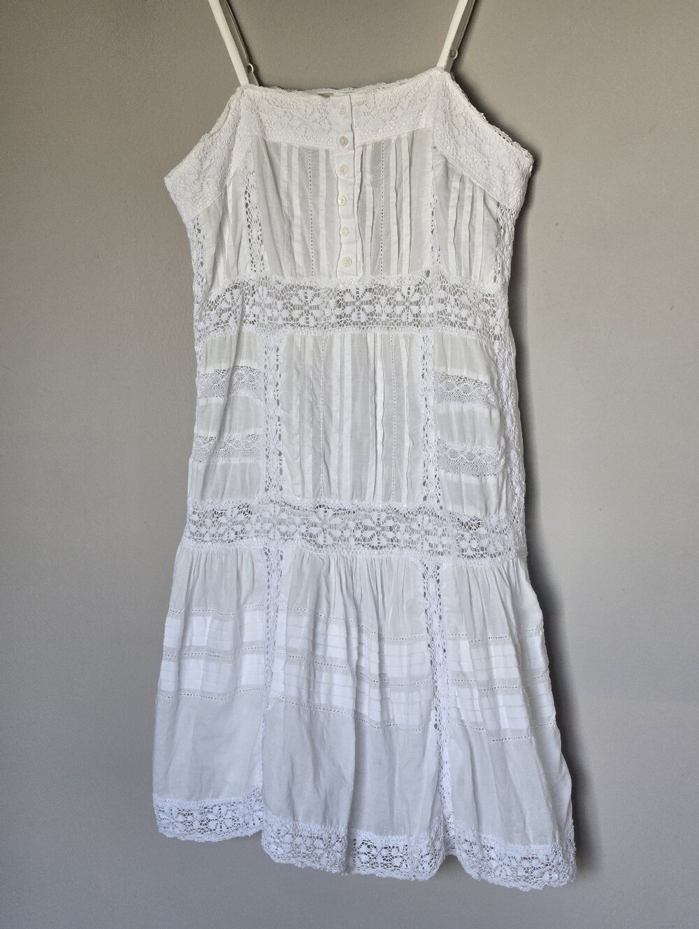 Boho Western Babydoll Lace-Trim Spaghetti Strap Sheer Mini Dress in White Size S - Picture 3 of 10
